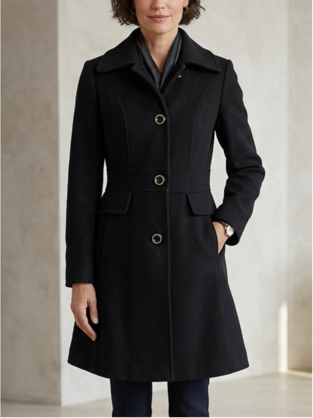 Kenneth Cole Black Wool Blend Fit & Flare Princess Dress Coat Big Buttons size 4